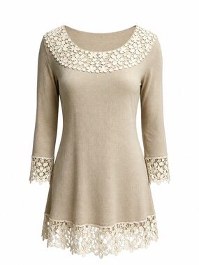 Cal Style Beige and Ivory Lace Trim Tunic Top Size Large Boho Crochet